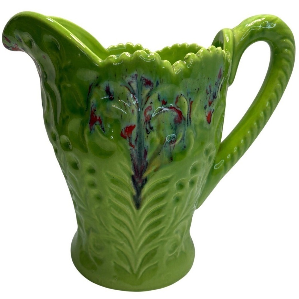 Creek Nation Pottery Green Drip Glazed Ceramic Embossed Leaf Design Pitcher Vntg